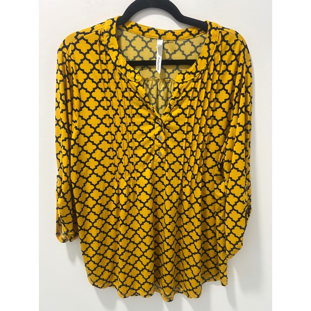 NY Collection Womens XL Yellow Black Geometric Quatrefoil Roll Tab Sleeve Blouse